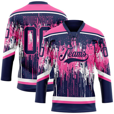 Custom Navy Pink-White Dripping Splatter Pattern Hockey Lace Neck Jersey