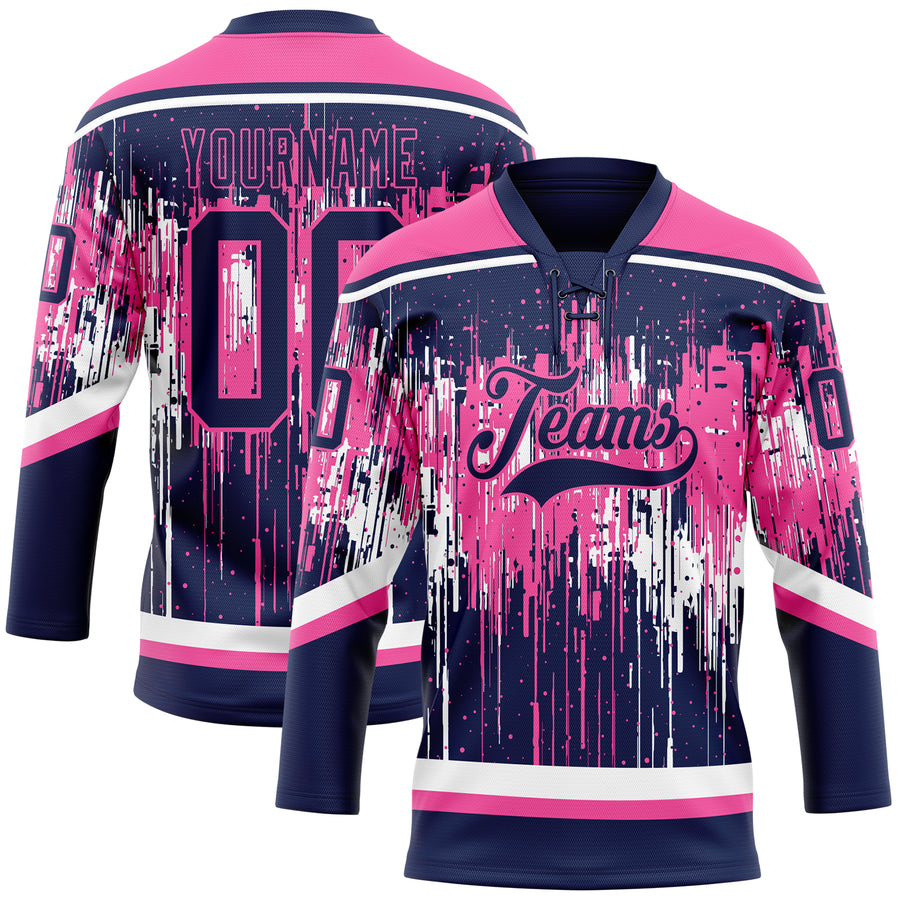 Custom Navy Pink-White Dripping Splatter Pattern Hockey Lace Neck Jersey