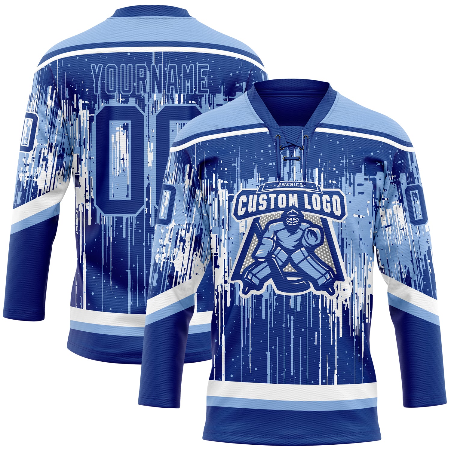 Custom Royal Light Blue-White Dripping Splatter Pattern Hockey Lace Neck Jersey