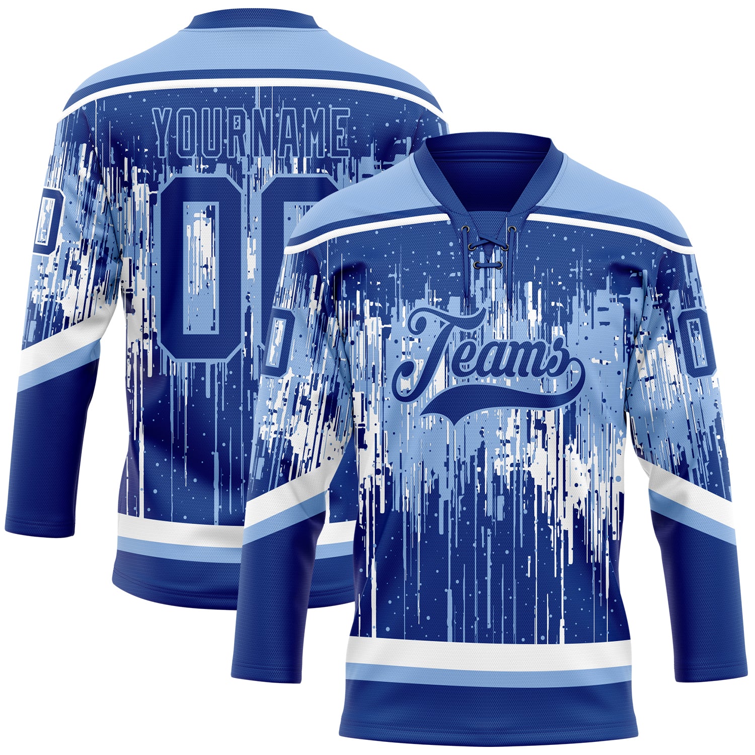 Custom Royal Light Blue-White Dripping Splatter Pattern Hockey Lace Neck Jersey