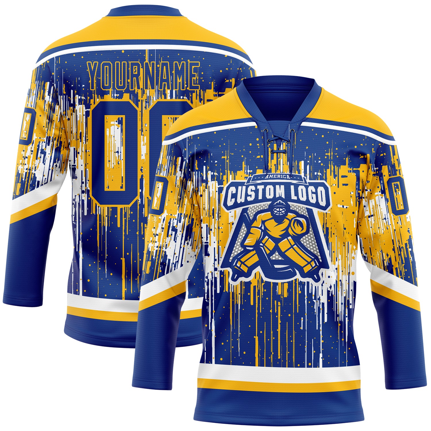 Custom Royal Gold-White Dripping Splatter Pattern Hockey Lace Neck Jersey