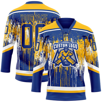 Custom Royal Gold-White Dripping Splatter Pattern Hockey Lace Neck Jersey