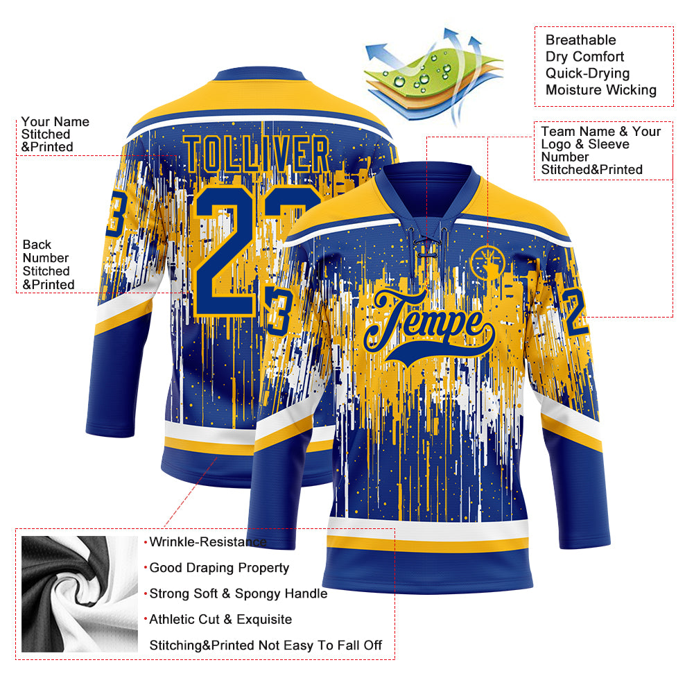 Custom Royal Gold-White Dripping Splatter Pattern Hockey Lace Neck Jersey