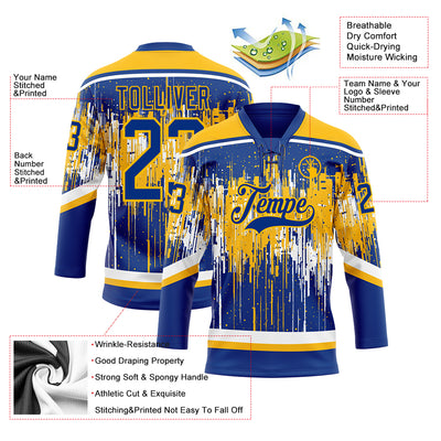Custom Royal Gold-White Dripping Splatter Pattern Hockey Lace Neck Jersey