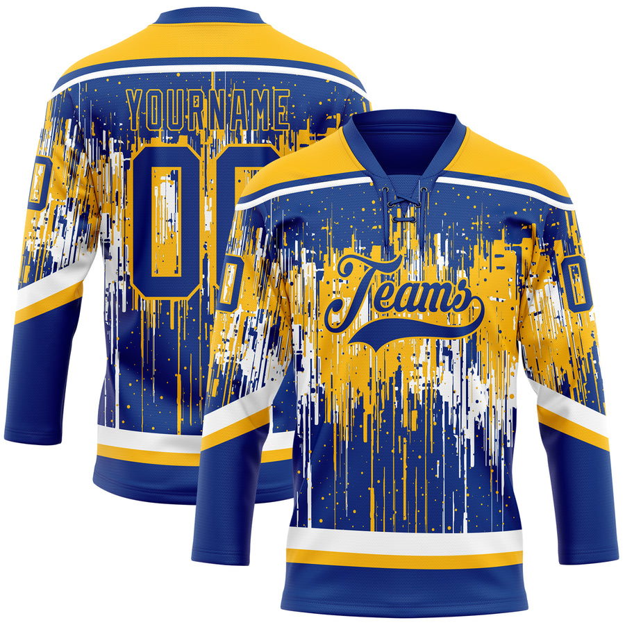 Custom Royal Gold-White Dripping Splatter Pattern Hockey Lace Neck Jersey