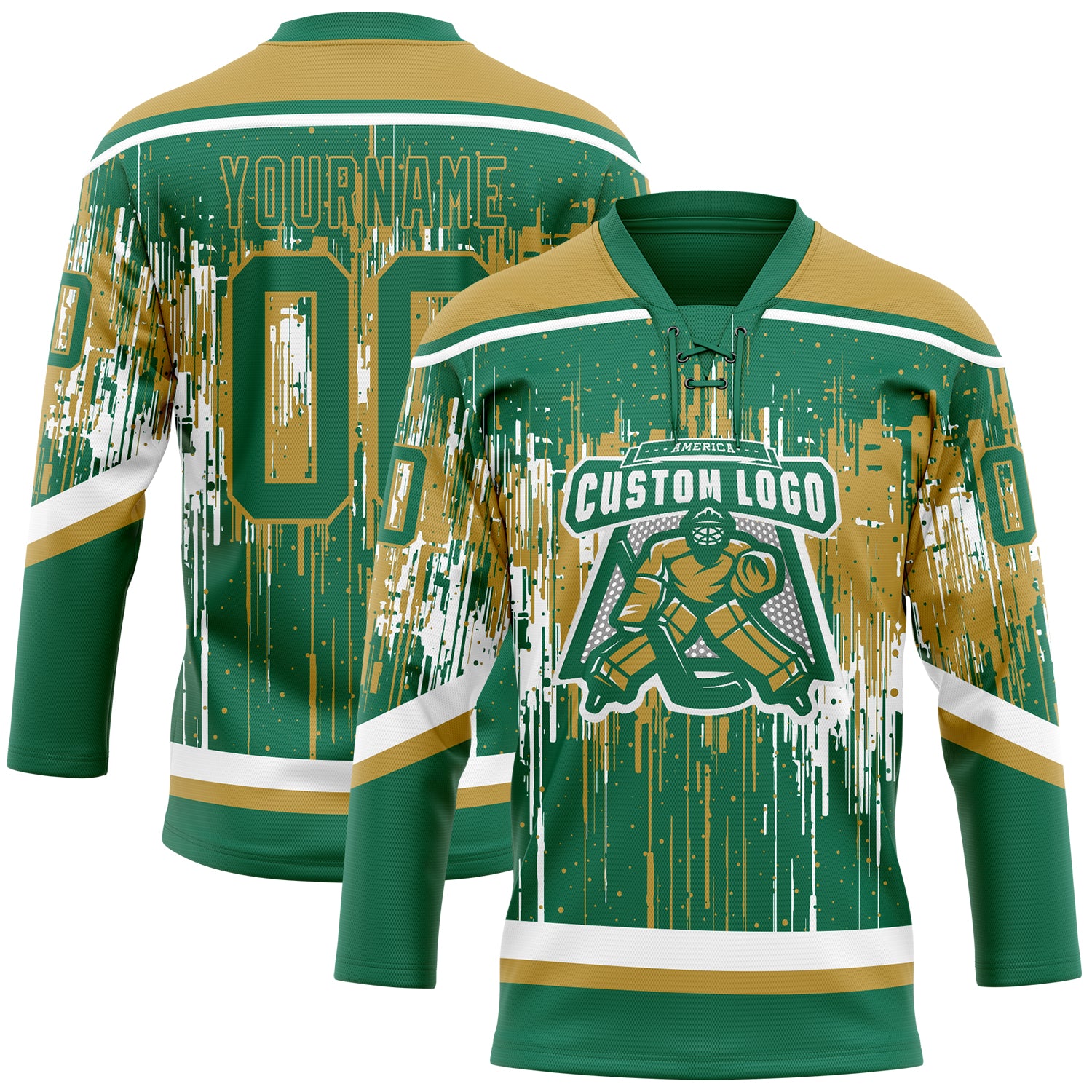 Custom Kelly Green Old Gold-White Dripping Splatter Pattern Hockey Lace Neck Jersey