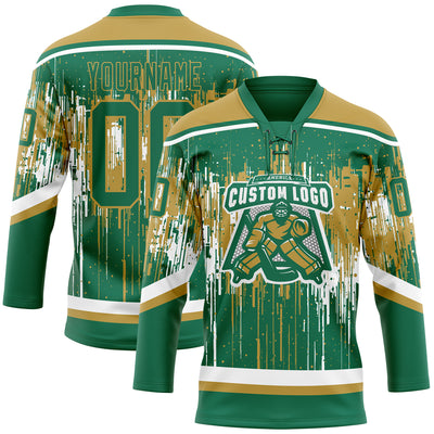 Custom Kelly Green Old Gold-White Dripping Splatter Pattern Hockey Lace Neck Jersey