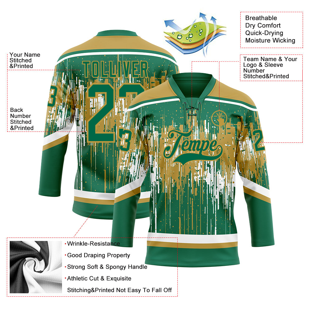 Custom Kelly Green Old Gold-White Dripping Splatter Pattern Hockey Lace Neck Jersey