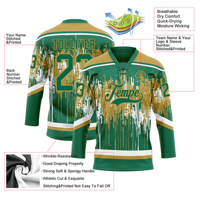 Custom Kelly Green Old Gold-White Dripping Splatter Pattern Hockey Lace Neck Jersey