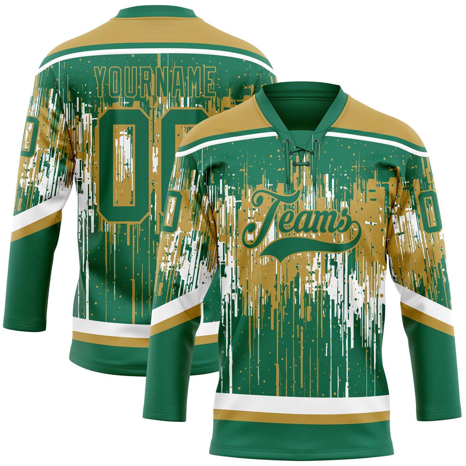 Custom Kelly Green Old Gold-White Dripping Splatter Pattern Hockey Lace Neck Jersey