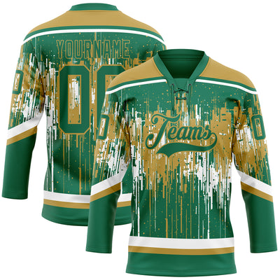 Custom Kelly Green Old Gold-White Dripping Splatter Pattern Hockey Lace Neck Jersey