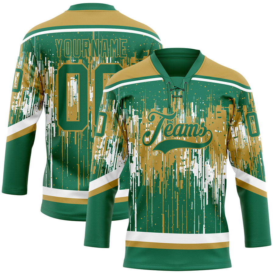 Custom Kelly Green Old Gold-White Dripping Splatter Pattern Hockey Lace Neck Jersey