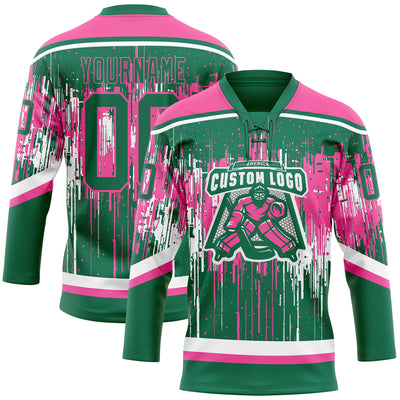 Custom Kelly Green Pink-White Dripping Splatter Pattern Hockey Lace Neck Jersey