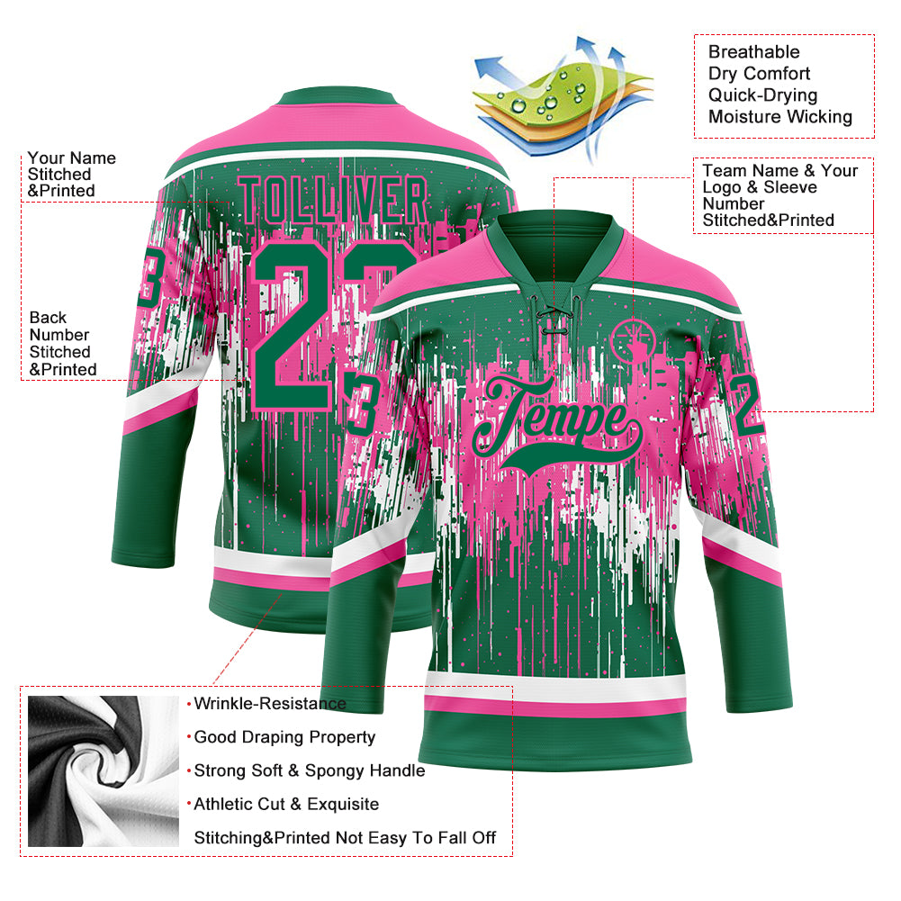 Custom Kelly Green Pink-White Dripping Splatter Pattern Hockey Lace Neck Jersey