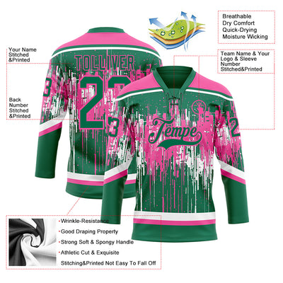 Custom Kelly Green Pink-White Dripping Splatter Pattern Hockey Lace Neck Jersey
