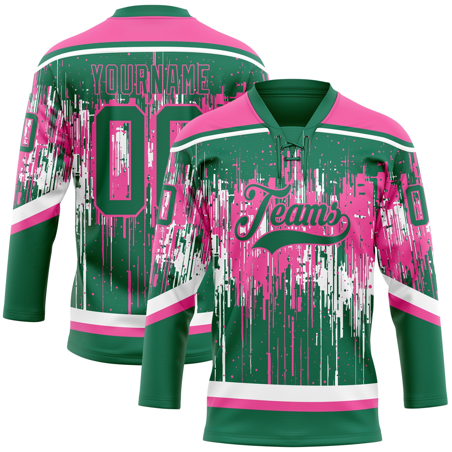 Custom Kelly Green Pink-White Dripping Splatter Pattern Hockey Lace Neck Jersey