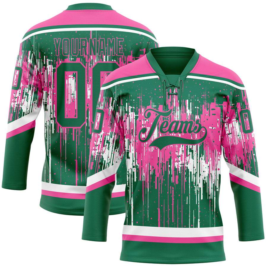 Custom Kelly Green Pink-White Dripping Splatter Pattern Hockey Lace Neck Jersey