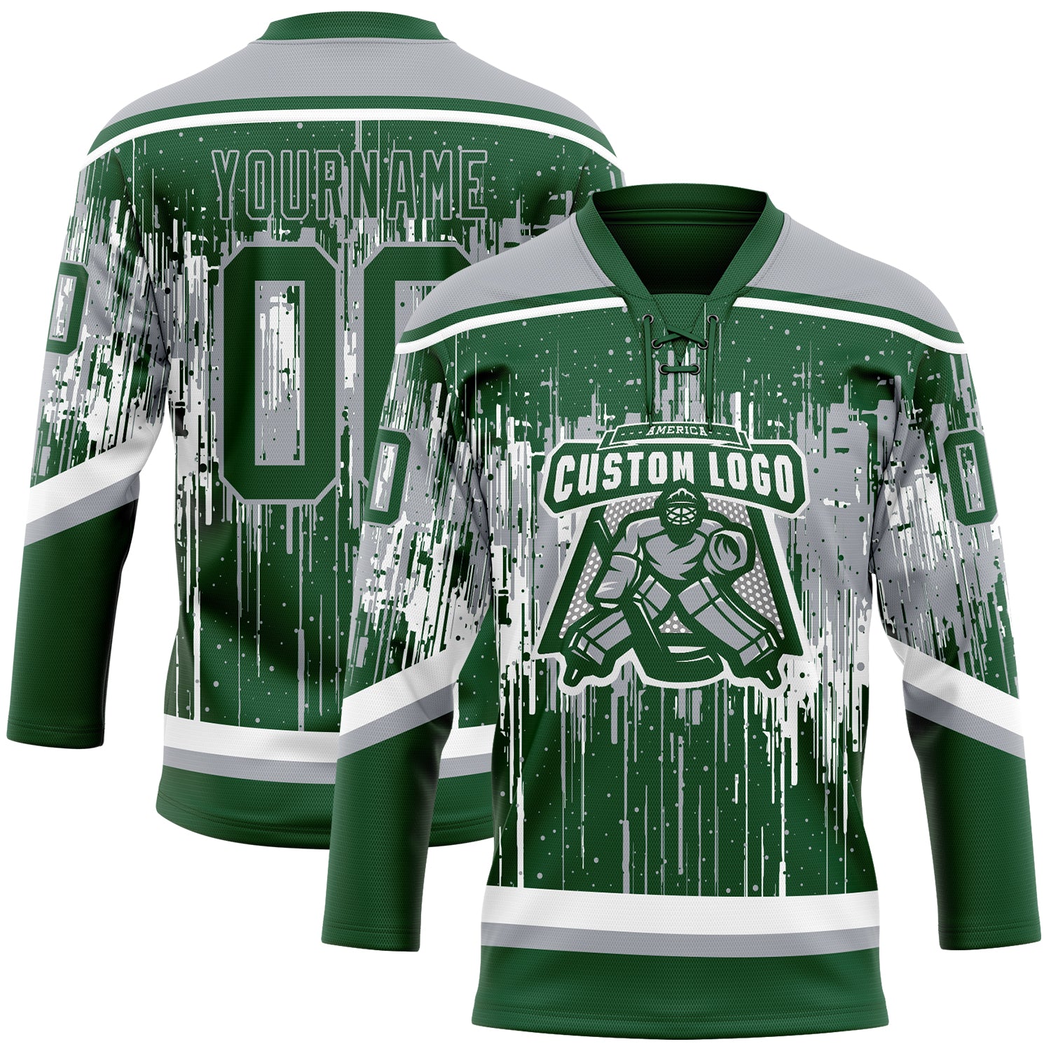 Custom Green Gray-White Dripping Splatter Pattern Hockey Lace Neck Jersey