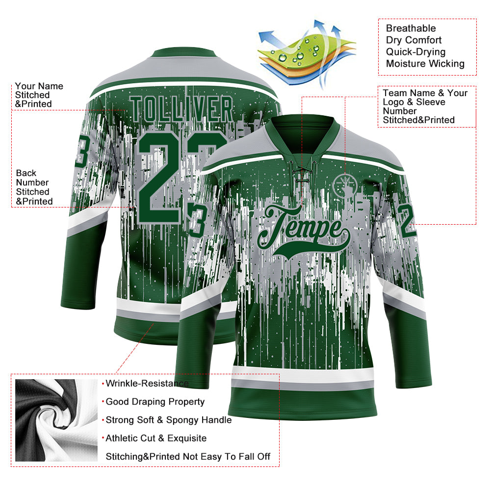 Custom Green Gray-White Dripping Splatter Pattern Hockey Lace Neck Jersey