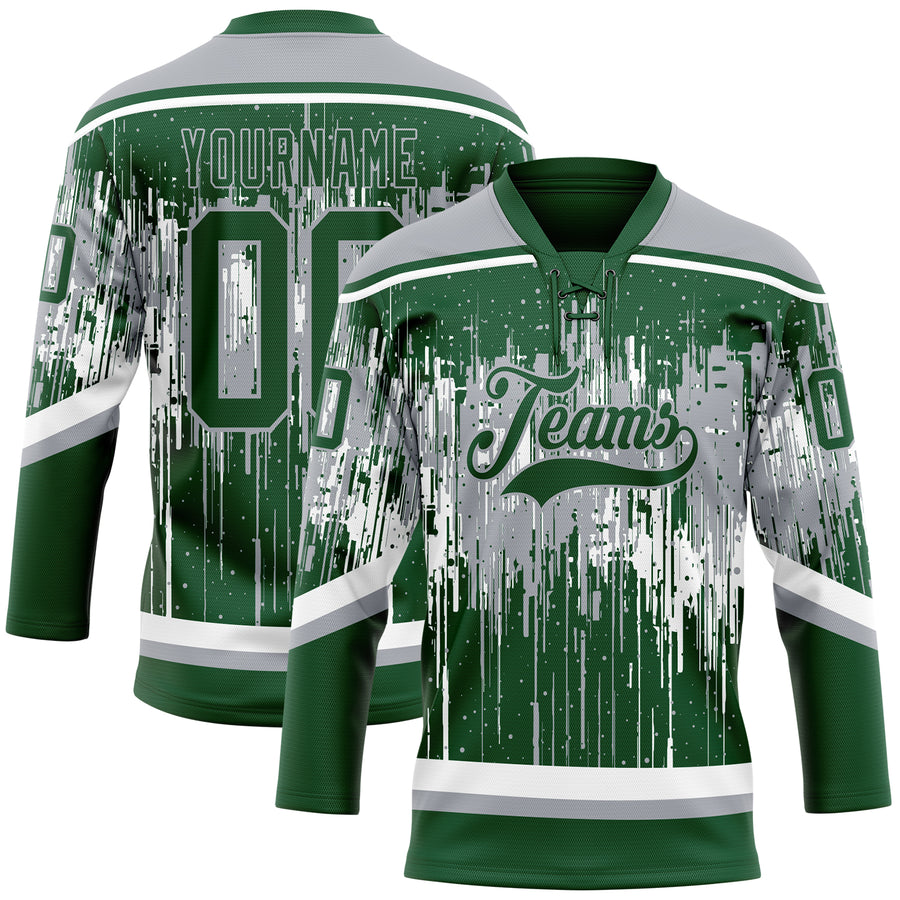 Custom Green Gray-White Dripping Splatter Pattern Hockey Lace Neck Jersey