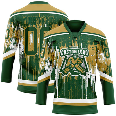 Custom Green Old Gold-White Dripping Splatter Pattern Hockey Lace Neck Jersey