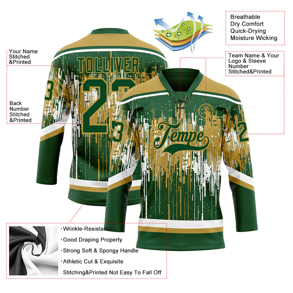 Custom Green Old Gold-White Dripping Splatter Pattern Hockey Lace Neck Jersey