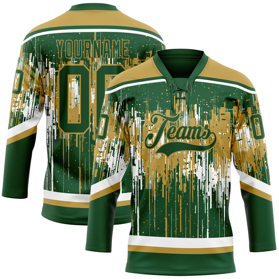 Custom Green Old Gold-White Dripping Splatter Pattern Hockey Lace Neck Jersey