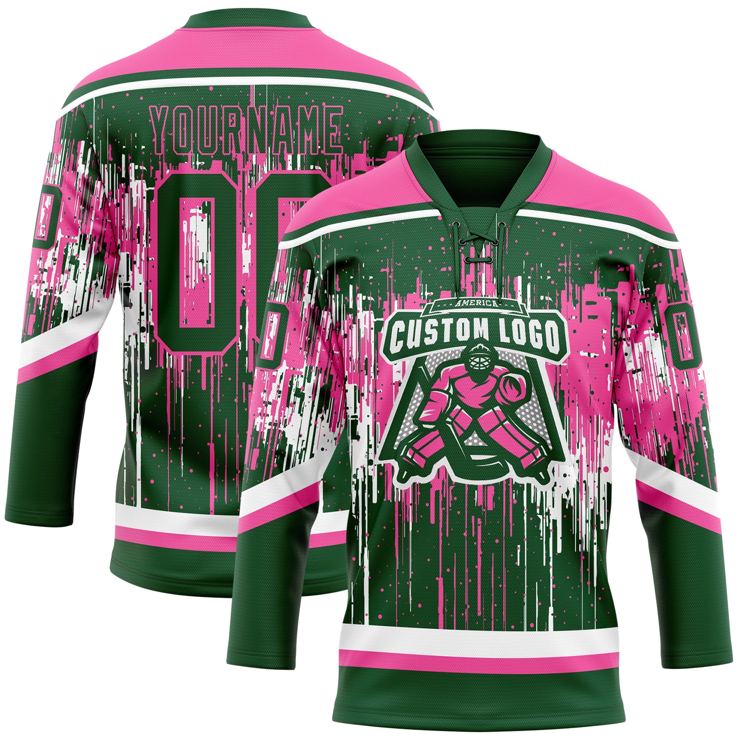 Custom Green Pink-White Dripping Splatter Pattern Hockey Lace Neck Jersey