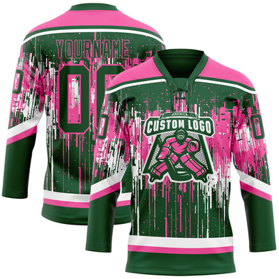 Custom Green Pink-White Dripping Splatter Pattern Hockey Lace Neck Jersey