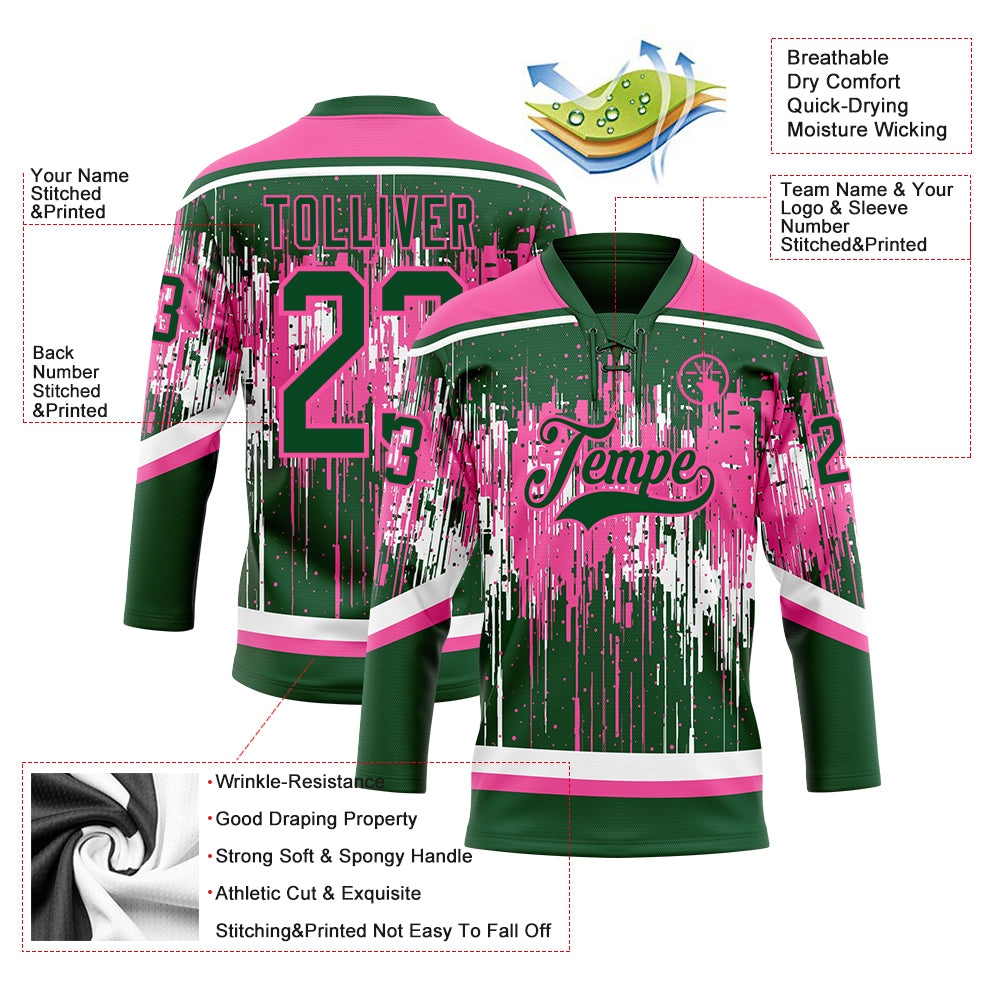 Custom Green Pink-White Dripping Splatter Pattern Hockey Lace Neck Jersey