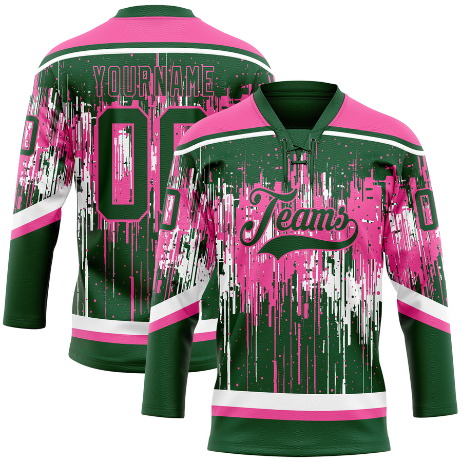 Custom Green Pink-White Dripping Splatter Pattern Hockey Lace Neck Jersey