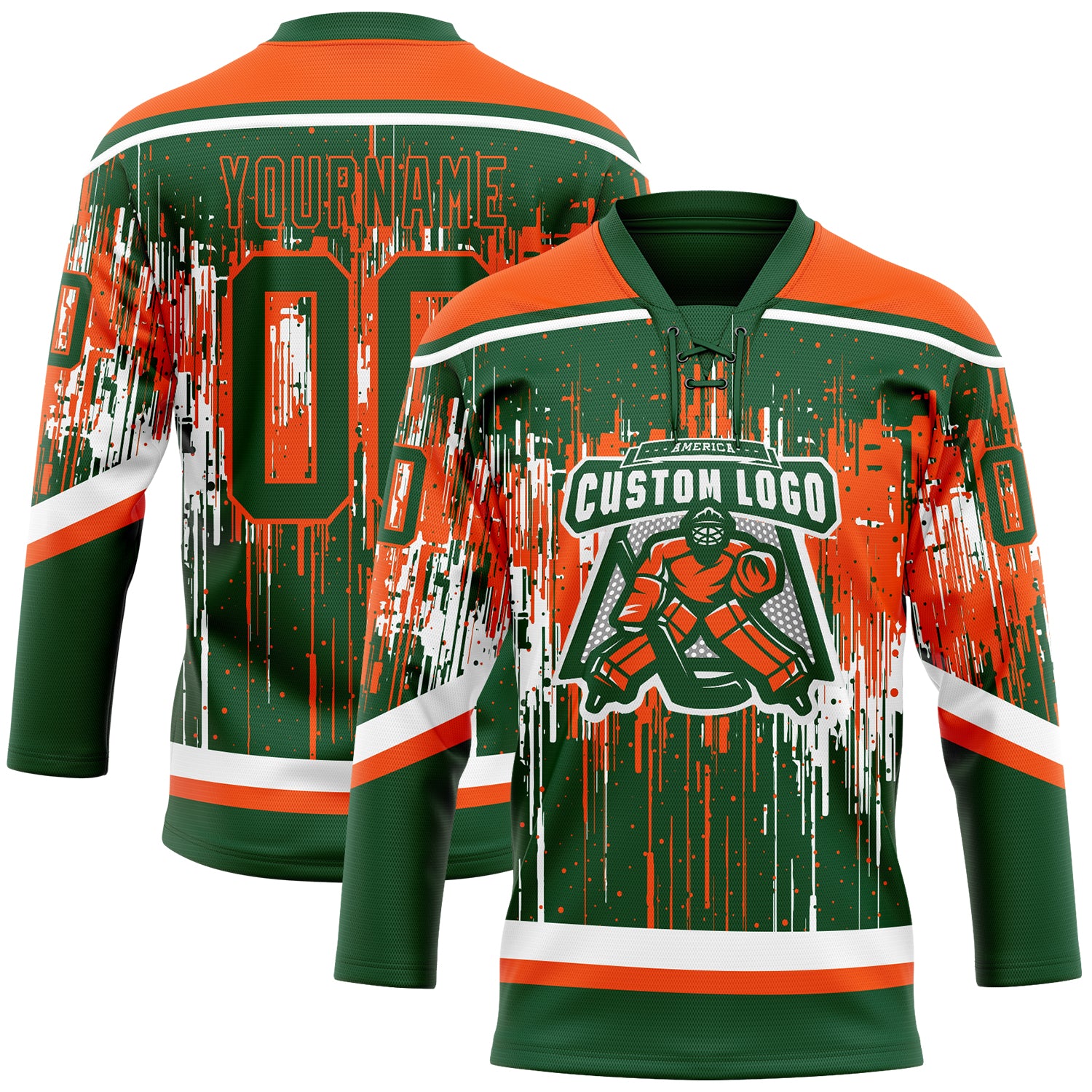 Custom Green Orange-White Dripping Splatter Pattern Hockey Lace Neck Jersey