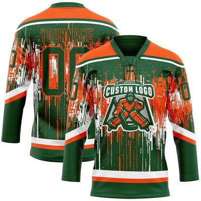 Custom Green Orange-White Dripping Splatter Pattern Hockey Lace Neck Jersey
