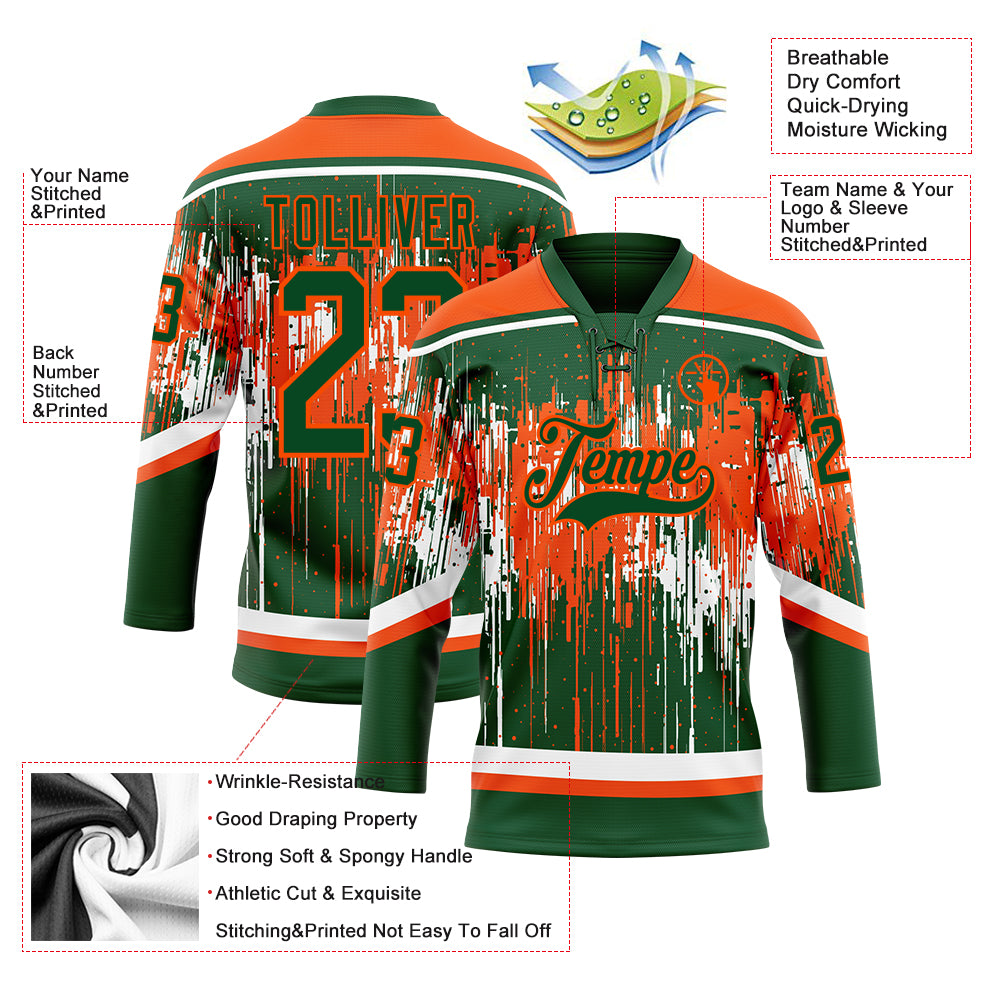 Custom Green Orange-White Dripping Splatter Pattern Hockey Lace Neck Jersey