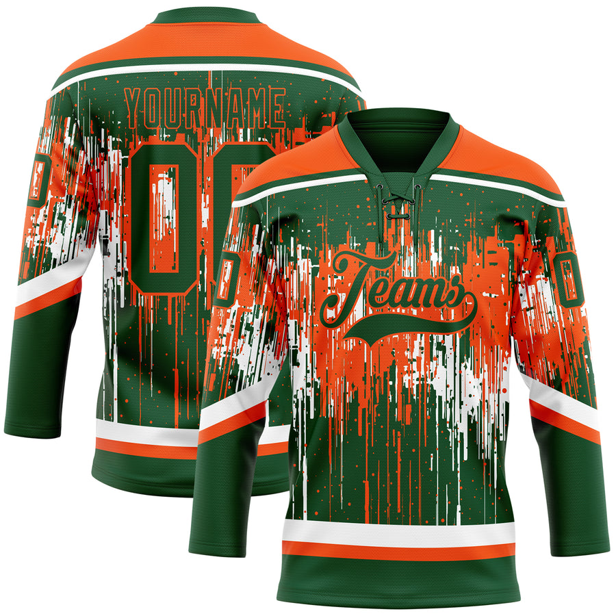 Custom Green Orange-White Dripping Splatter Pattern Hockey Lace Neck Jersey