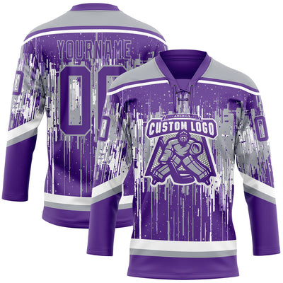 Custom Purple Gray-White Dripping Splatter Pattern Hockey Lace Neck Jersey