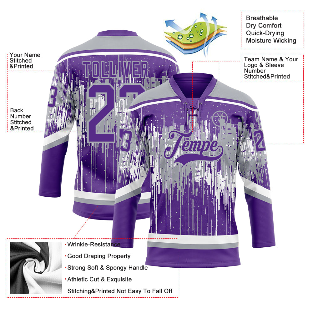 Custom Purple Gray-White Dripping Splatter Pattern Hockey Lace Neck Jersey