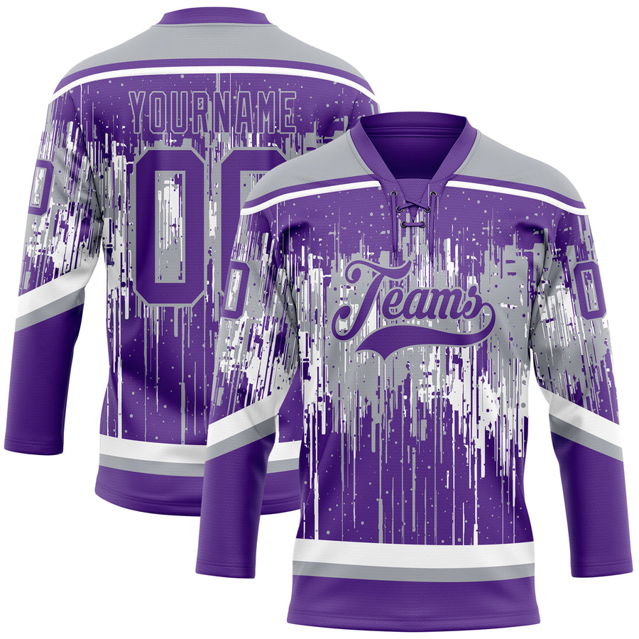 Custom Purple Gray-White Dripping Splatter Pattern Hockey Lace Neck Jersey