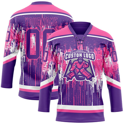 Custom Purple Pink-White Dripping Splatter Pattern Hockey Lace Neck Jersey