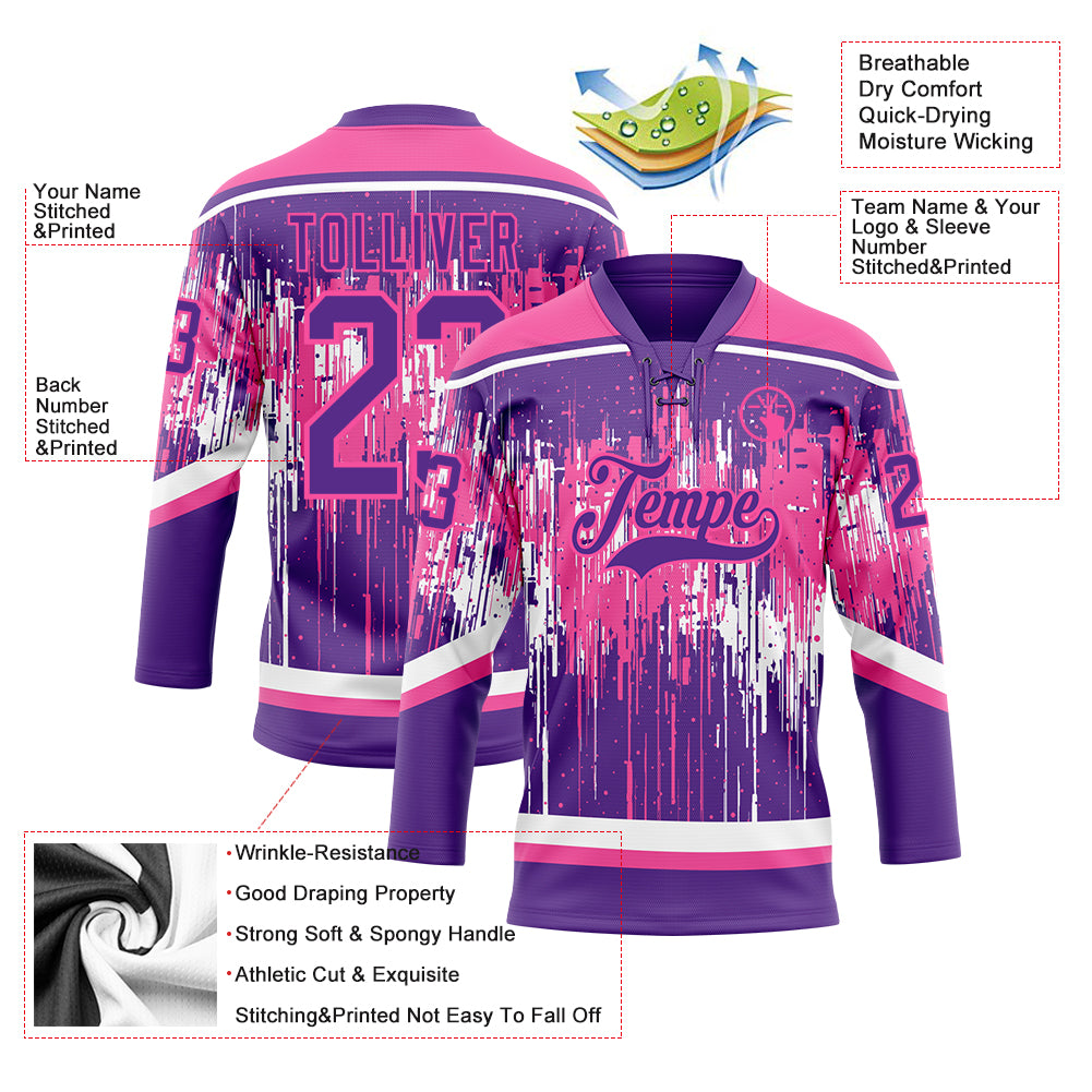 Custom Purple Pink-White Dripping Splatter Pattern Hockey Lace Neck Jersey