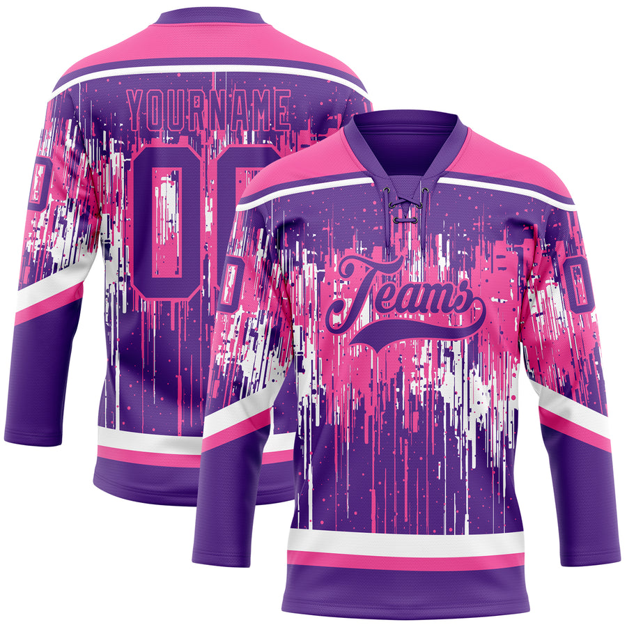 Custom Purple Pink-White Dripping Splatter Pattern Hockey Lace Neck Jersey