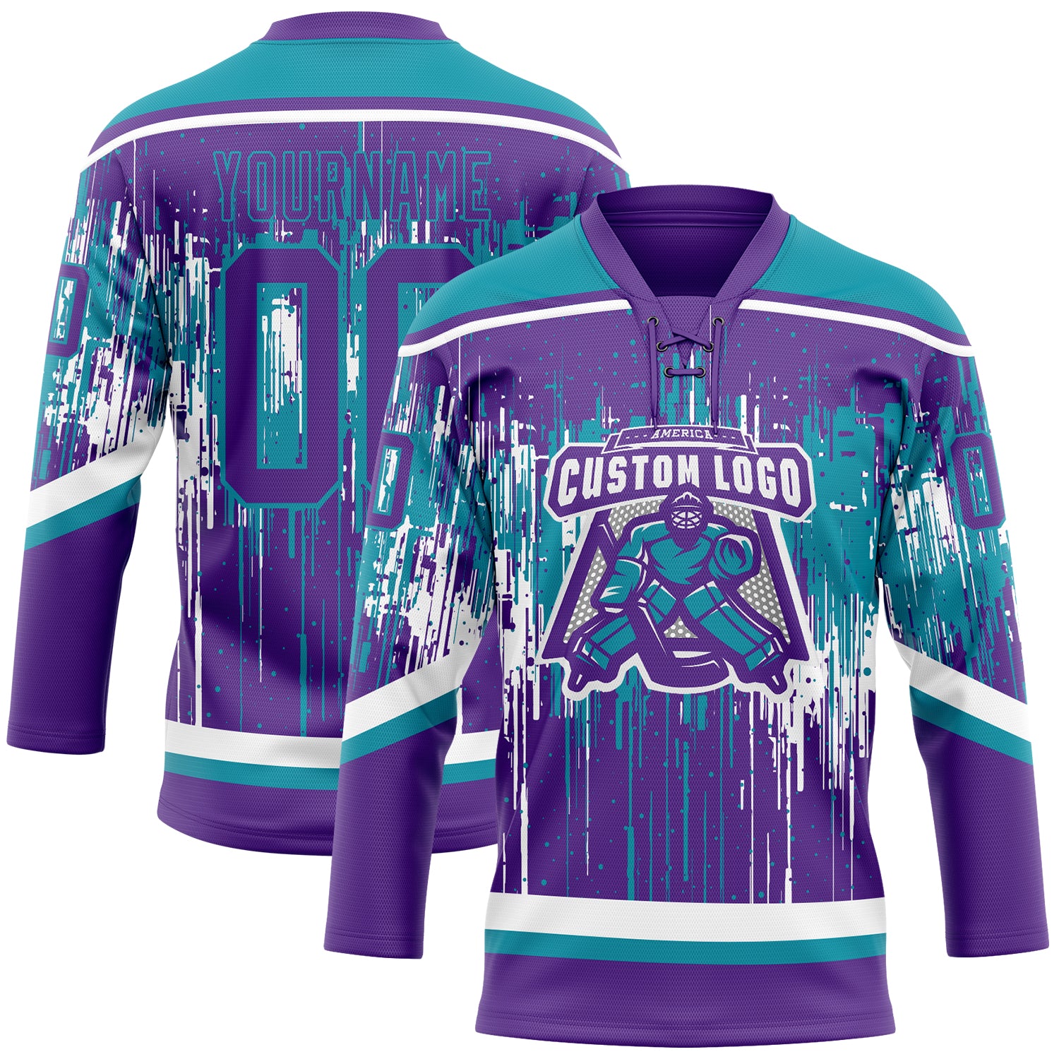 Custom Purple Teal-White Dripping Splatter Pattern Hockey Lace Neck Jersey