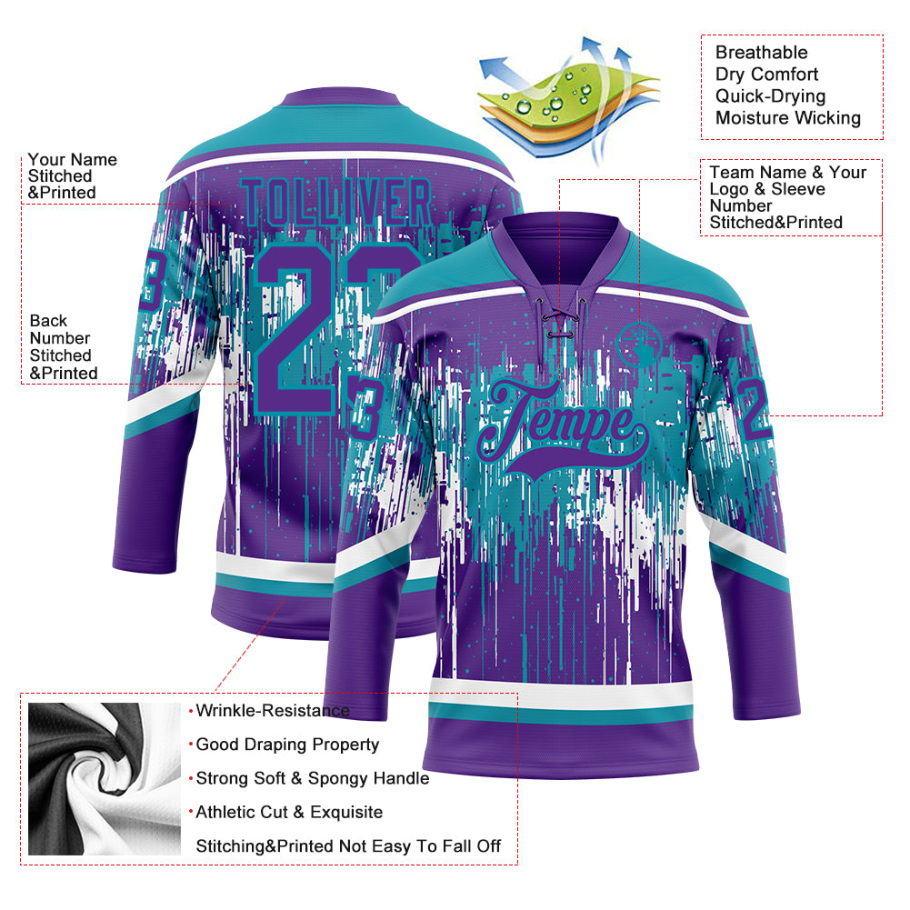 Custom Purple Teal-White Dripping Splatter Pattern Hockey Lace Neck Jersey