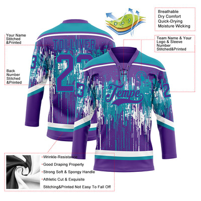 Custom Purple Teal-White Dripping Splatter Pattern Hockey Lace Neck Jersey