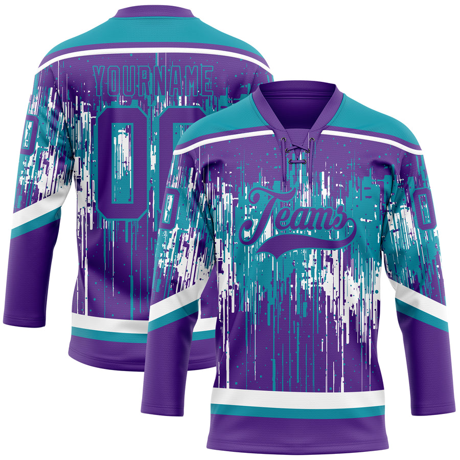 Custom Purple Teal-White Dripping Splatter Pattern Hockey Lace Neck Jersey