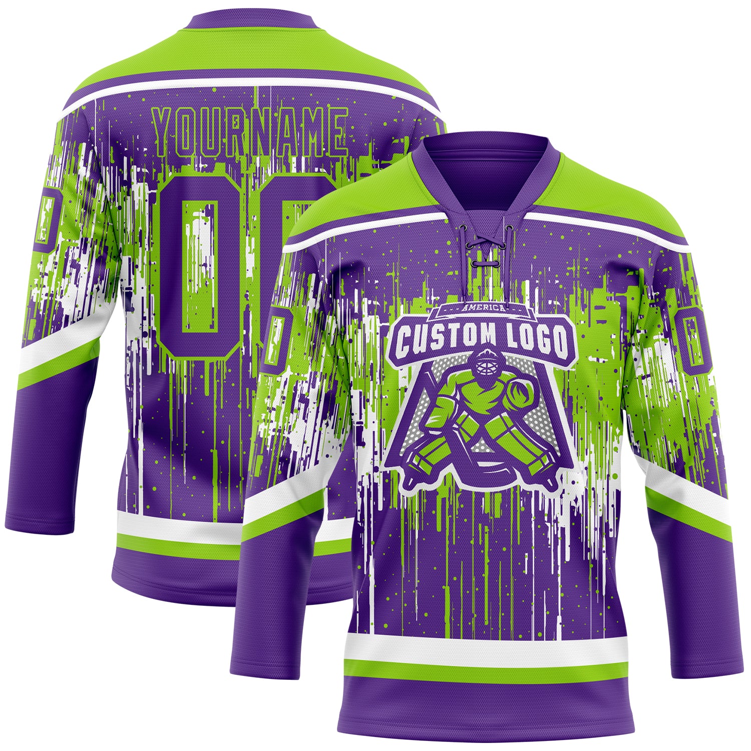 Custom Purple Neon Green-White Dripping Splatter Pattern Hockey Lace Neck Jersey