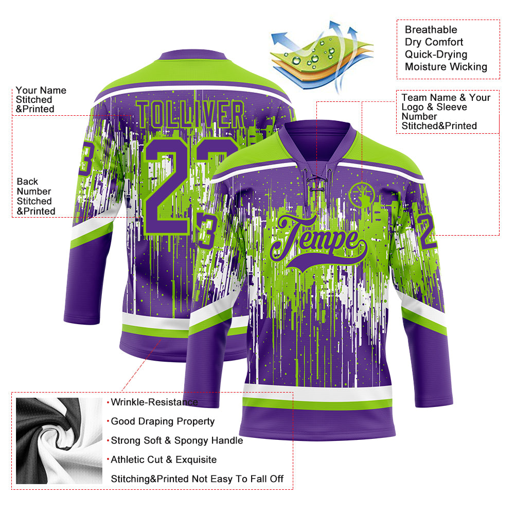 Custom Purple Neon Green-White Dripping Splatter Pattern Hockey Lace Neck Jersey