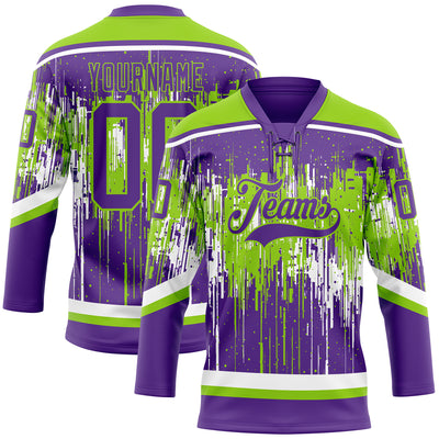 Custom Purple Neon Green-White Dripping Splatter Pattern Hockey Lace Neck Jersey