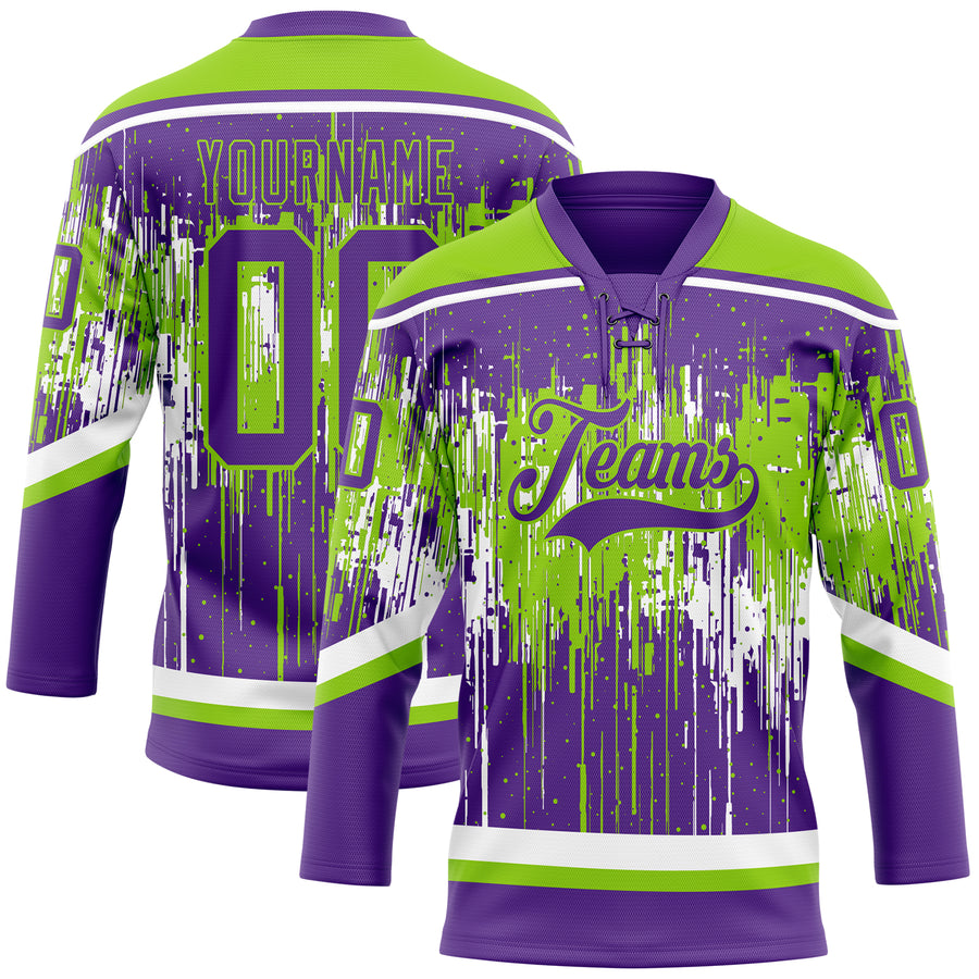 Custom Purple Neon Green-White Dripping Splatter Pattern Hockey Lace Neck Jersey