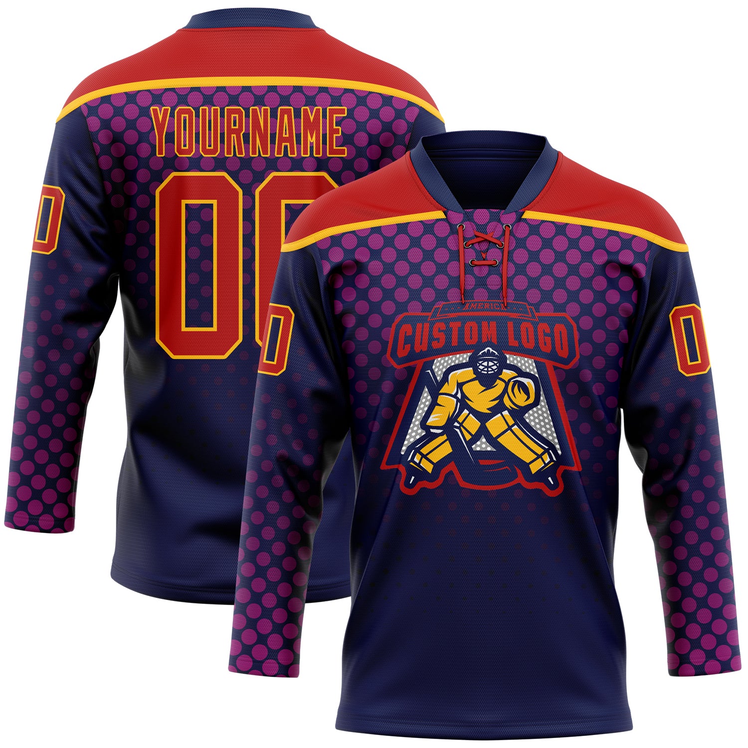Custom Red Navy-Gold Abstract Gradient Halftone Pattern Hockey Lace Neck Jersey